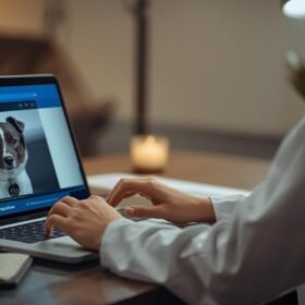 veterinaria haciendo un certificado de viajes virtual para unperro o gato, que se vea escribiendo y enel computador la imagen o algo que diga que es de una mascota (1)