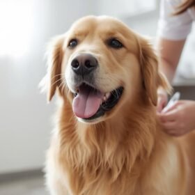 Vacuna Leptospira L4_ defensa completa contra la leptospirosis canina. Ideal para la protección anual de tu mascota. mostrar a un perro que le aplican vacuna