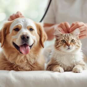 perro y gato en servicio de spa, con mascarillas y corte de pelo